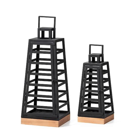 Glitzhome® Black Modern Trapezoid Metal & Wood Lanterns Set